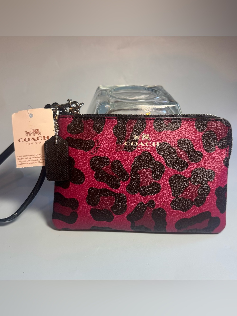 NWT Coach Cranberry & Black Leopard Print Wristlet Clutch